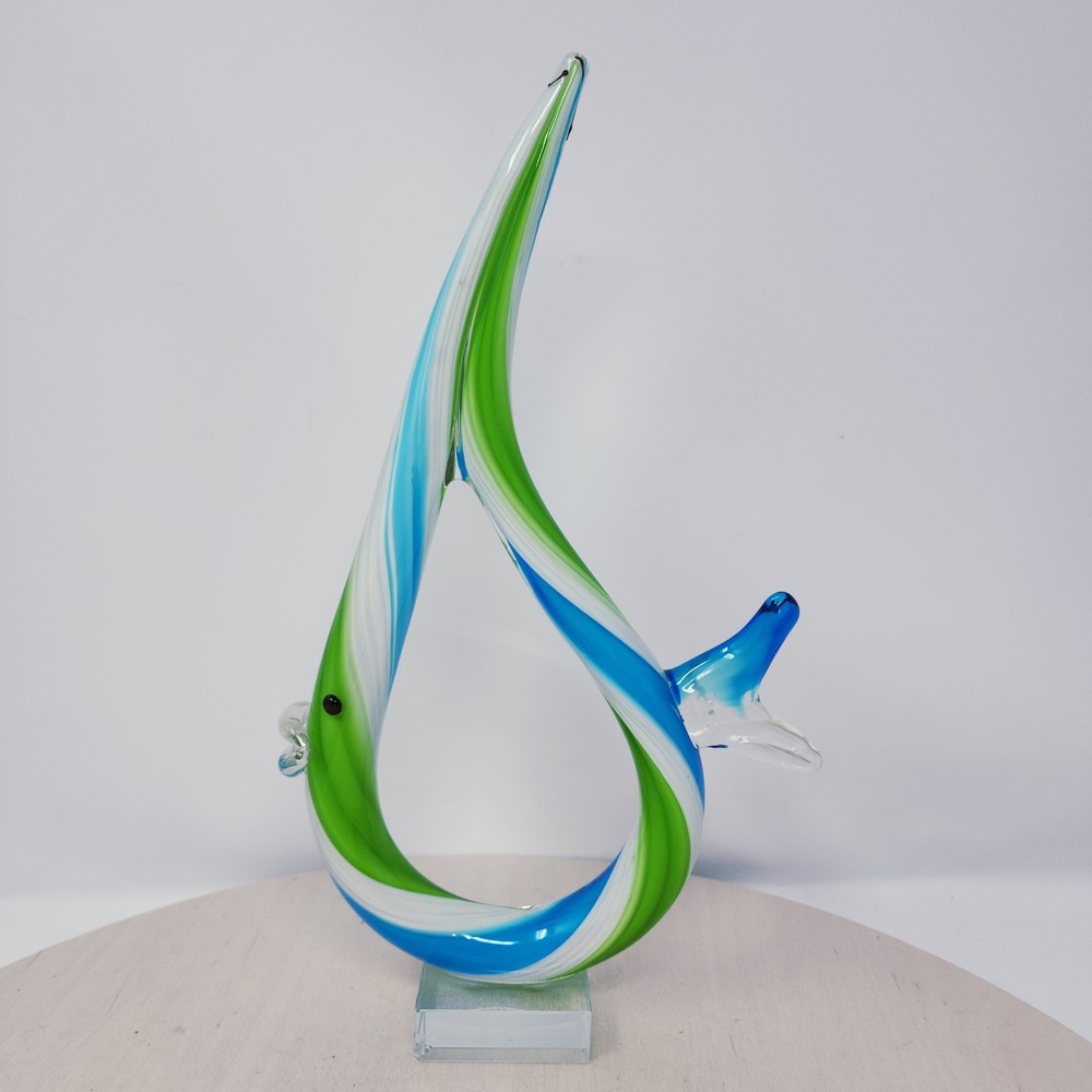 Murano Art Glass Fish Sculpture 13" Aqua Blue Green Swirl MCM Art Deco Figurine